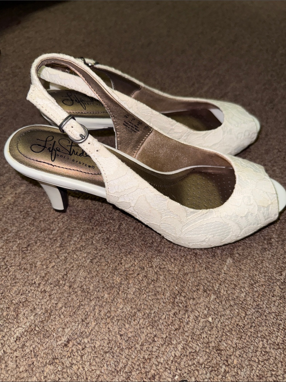 Life Stride Ivory Lace Peep-Toe Slingback Heels